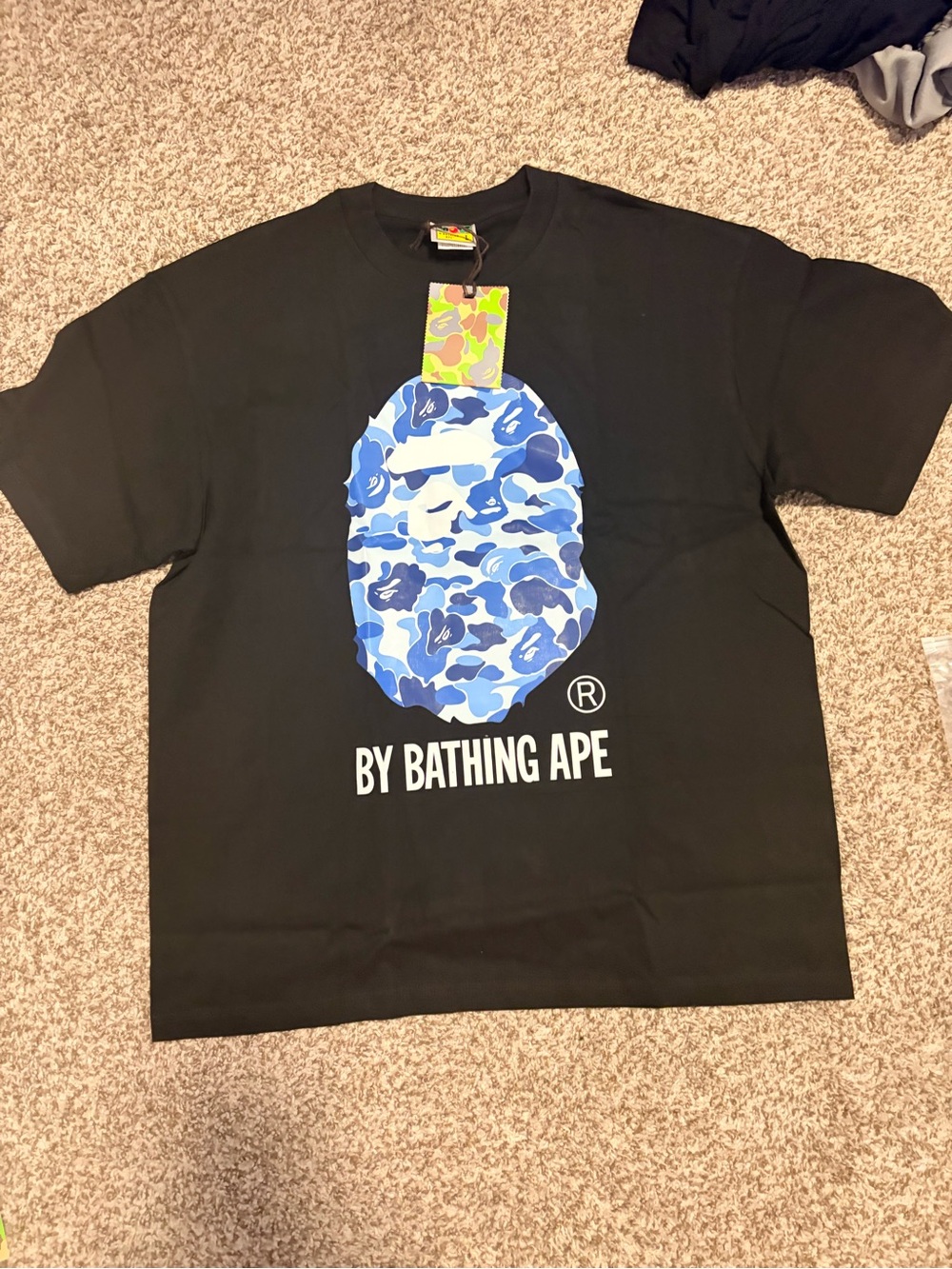 Black Short-Sleeve Tee with Blue Camo Ape Logo